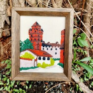 Vintage Crewel Embroidery Small Framed Wall Art Europe Village Castle Scene 6x5
